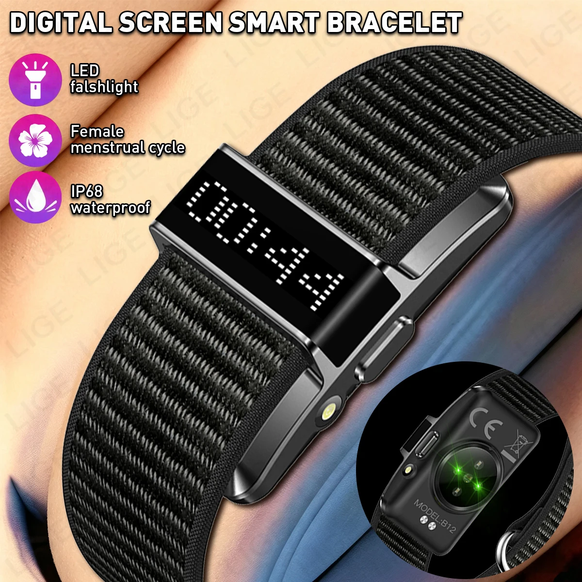 LIGE New Women’s Smart Bracelet Waterproof Flashlight Fitness Tracker Heart Rate Monitoring Health Reminder Men's Smart Watches