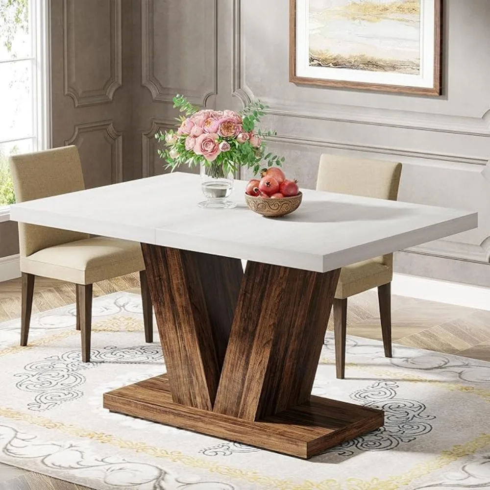 Mesa de comedor de 47 pulgadas para 4, mesa de cocina blanca con pedestal resistente, mesa de comedor de madera de granja para el hogar