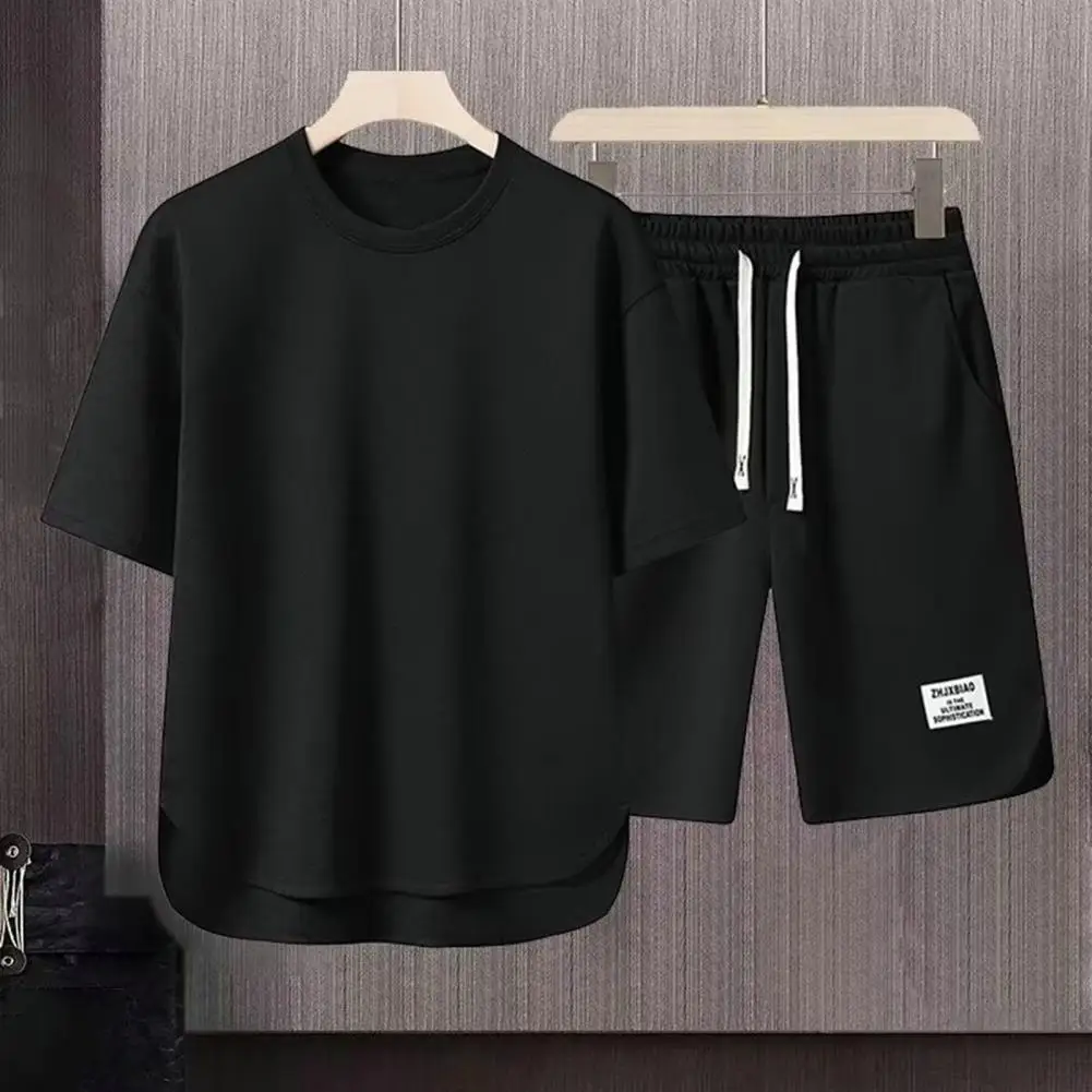 Round Neck Short-sleeved T-shirt Set Letter Print  Sportswear Summer 2 Pieces Set Drawstring Wide Leg Shorts Set Male Activewear