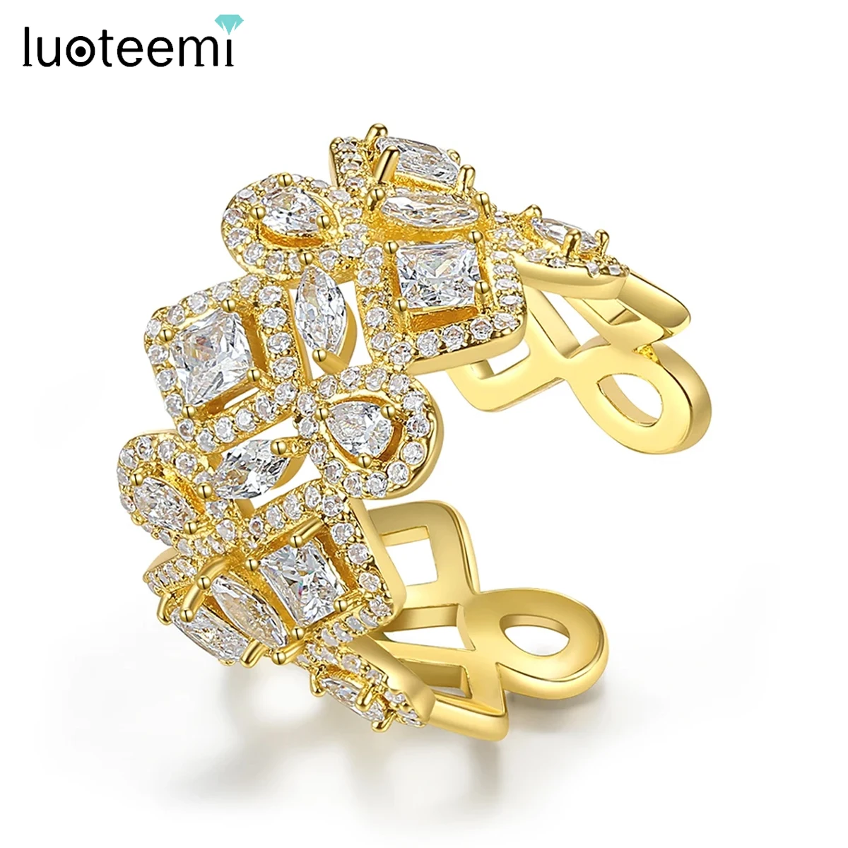 

LUOTEEMI Double Layered Gold Color Ring for Women Cubic Zirconia Stones Adjustable Open Finger Rings Luxury Wedding Jewelry