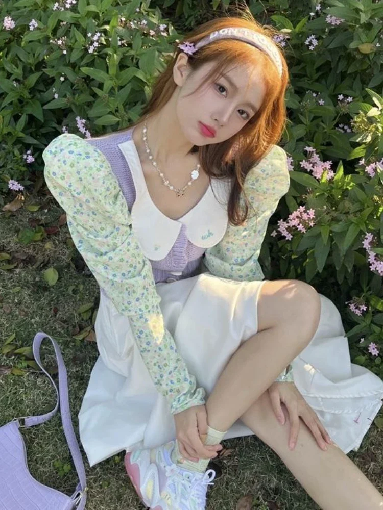 

Поддельные кардиганы из 2 предметов, женские весенние цветочные Hotsweet с пышными рукавами Y2k, стиль принцессы, винтажные укороченные свитера, тонкие молодые девушки