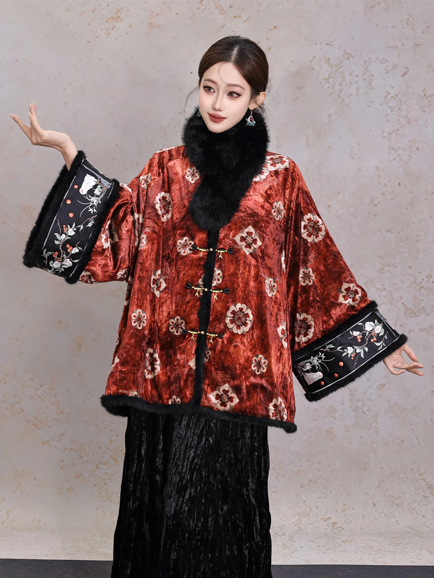 

New Chinese Sle Velvet Embroidered Cotton Jaet Women Heavy Work Fur Collar Loose Outerwear Cotton Coat Winter Long Sve