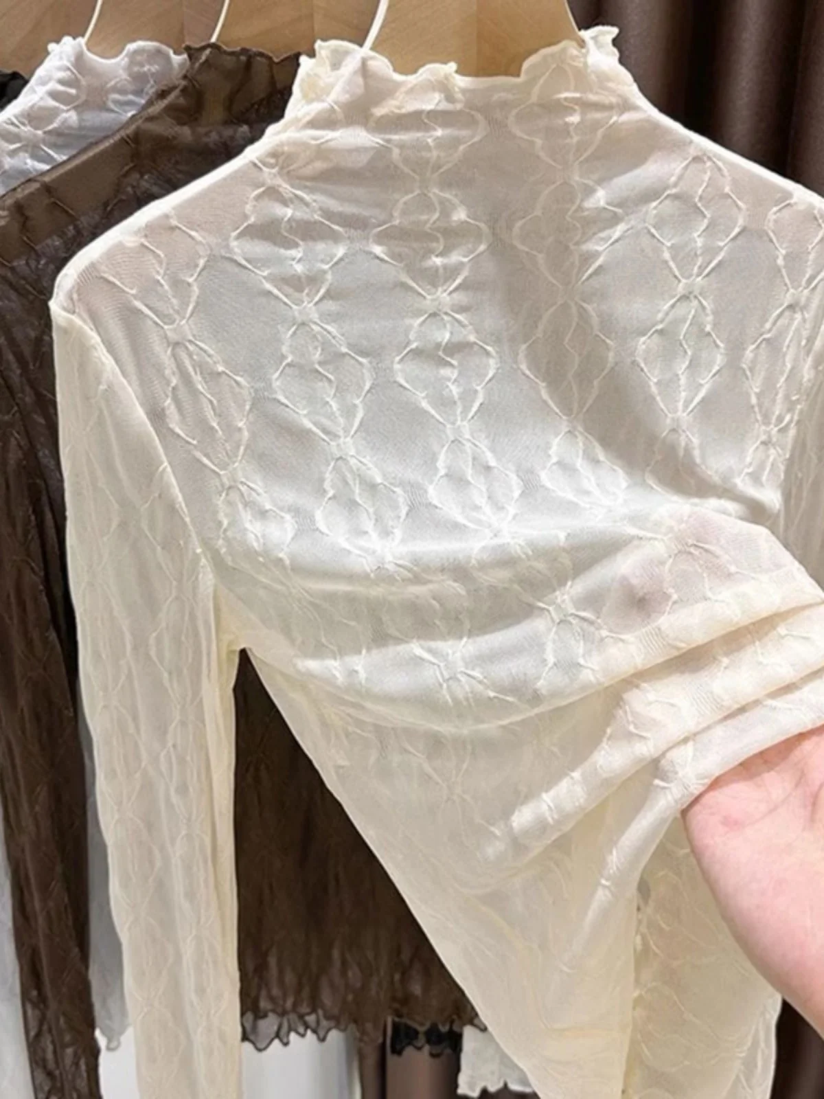 

Lace Base Layer Shirt Women's Inner Wear Sweater Stylish Autumn Winter Layered Thickened Fleece Mesh Top Half High Collar