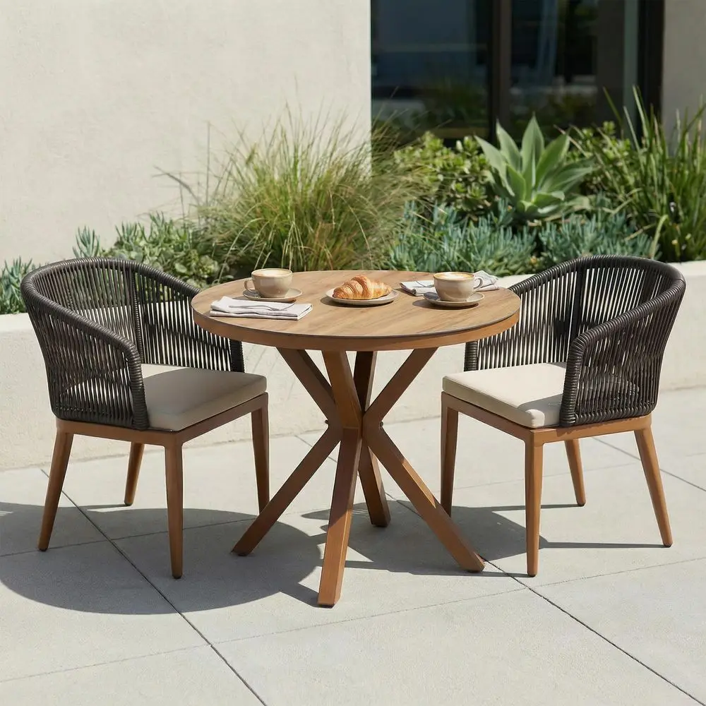 

3 Pieces Bistro Set 37.4 Diameter Table with 2 Arm Chairs Cushioned PE Rattan Patio Furniture for Indoor Outdoor Use on Garden
