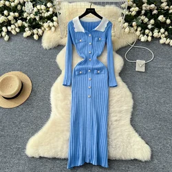 Elegant Turn-down Collar Long Sleeve Chic Metal Buckle Slim Vertical Striped Knitted Dresses Evening High Street Winter Clothing