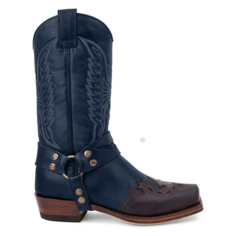 Herren Western-Cowboystiefel mit Quadratischer Zehenkappe, Retro-Stickerei, Halbhohe Ritterstiefel mit Schnallenriemen, Niedriger Absatz, Outdoor-Herrenschuhe Neu 2026 – Detail 8