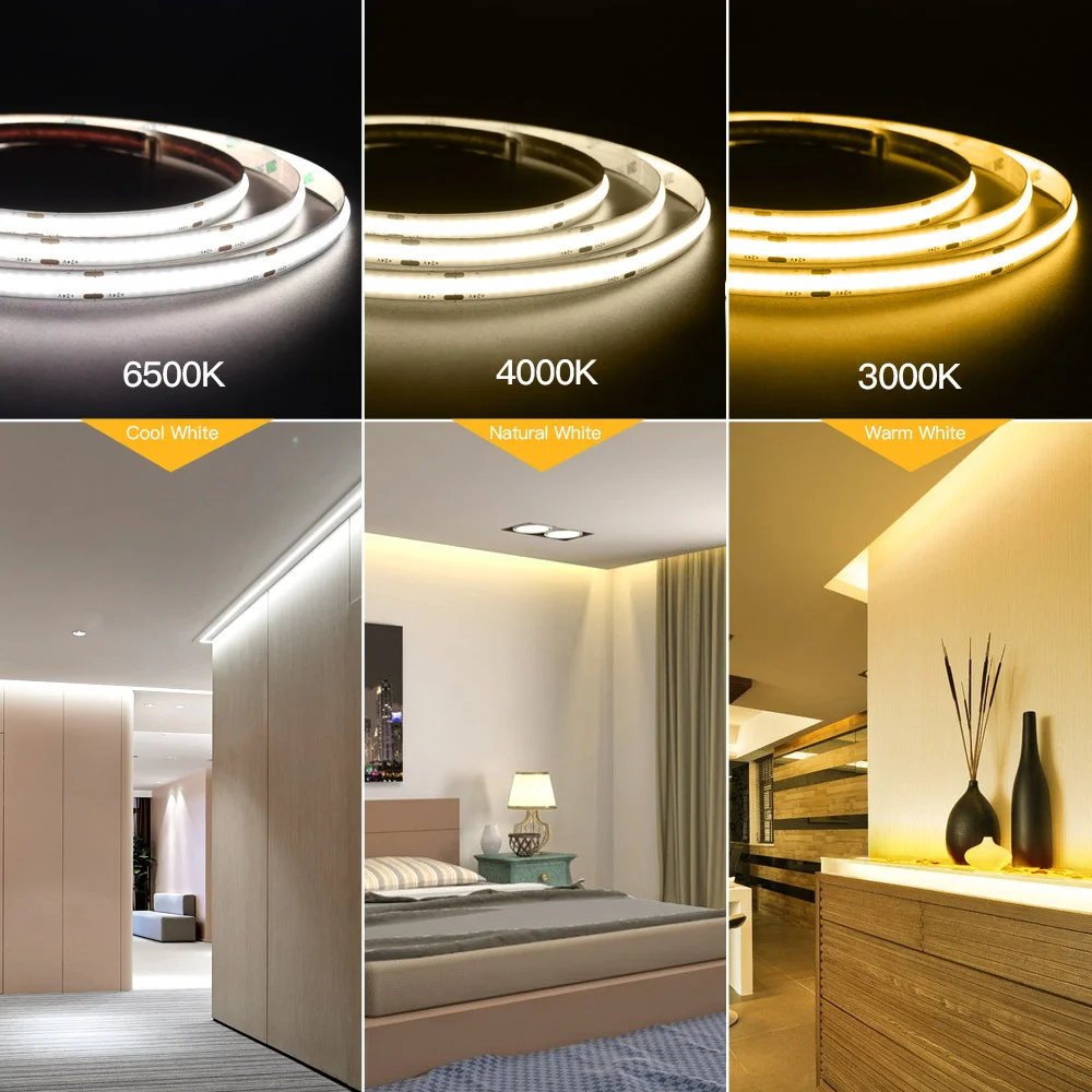 10m Flexible COB LED Strip Light 12V 24V 10mm 480LEDs/M High Density Tape Ribbon RA90 2700K 3000K 4000K 6000K Linear Dimmable