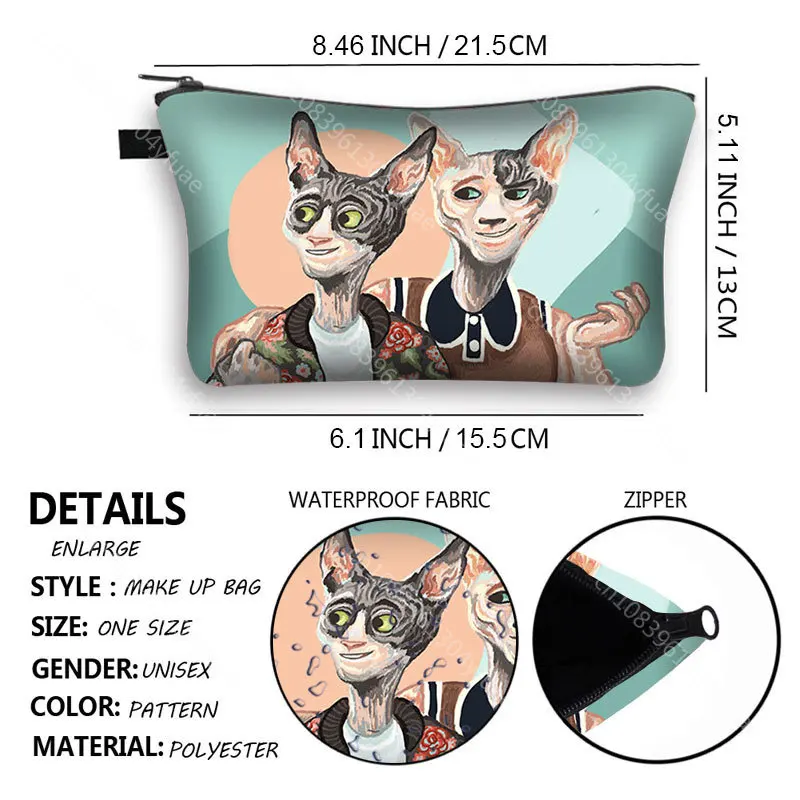 Sphynx-Bolsa de cosméticos con estampado de gato para mujer, bolso de belleza multifuncional, almacenamiento a prueba de polvo, estuche de maquillaje de viaje para mujer, bolsa de maquillaje para niñas