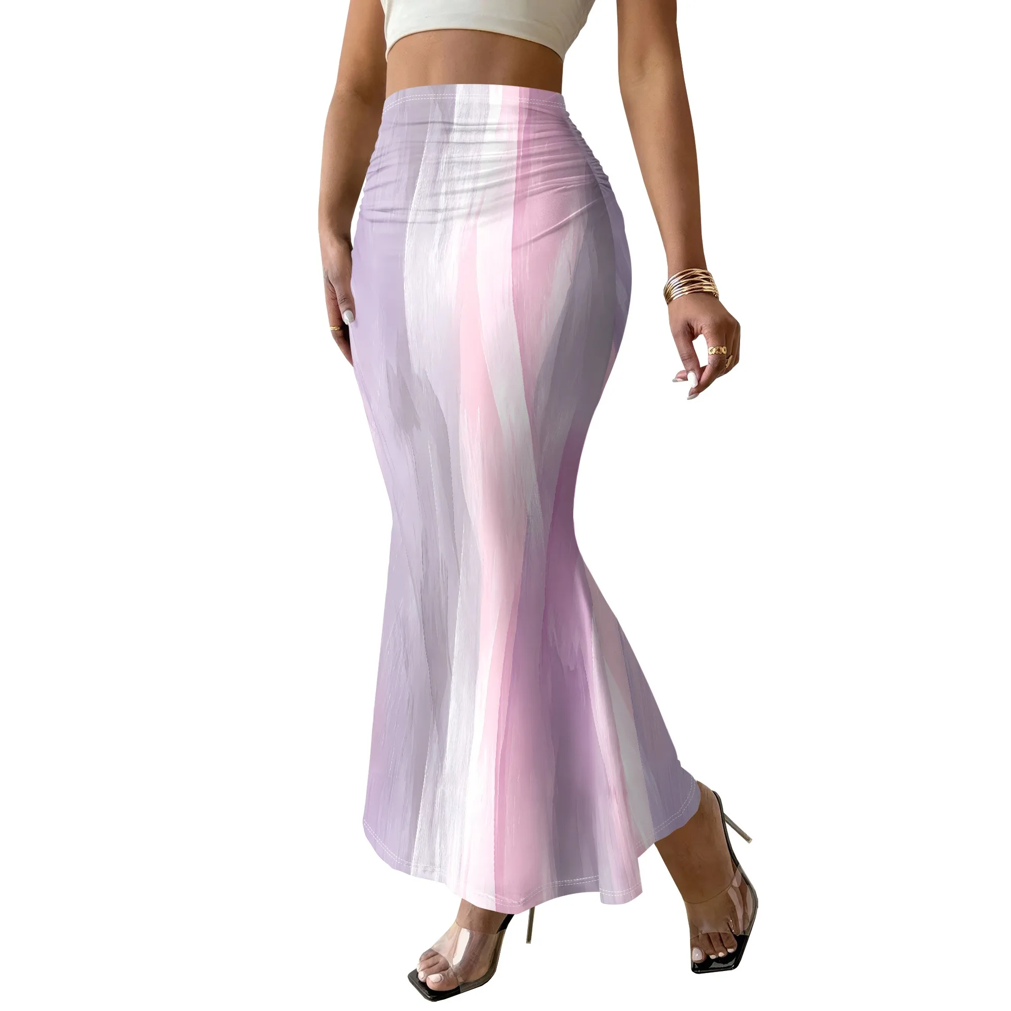 Gradient Print Mermaid Skirt, Pastel Purple Maxi Skirt, Ruched Bodycon Design, Summer Beach Wear, S-2XL