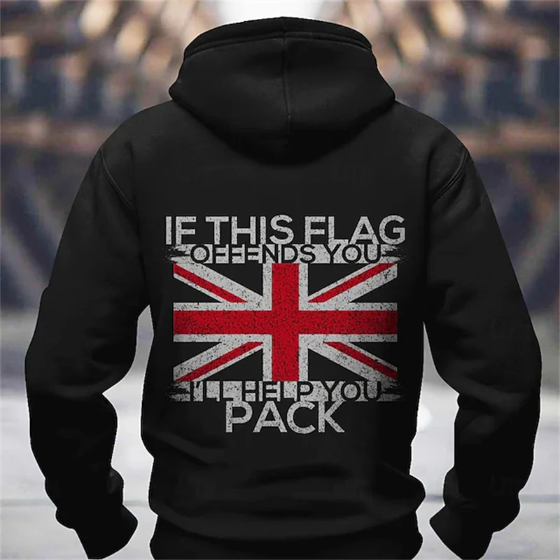 

UK Flag Graphic Men's Long Sleeve Hoodie Autumn And Winter Simple Basic Style Letter Printed Breathable Sweatshirts Men Clothing