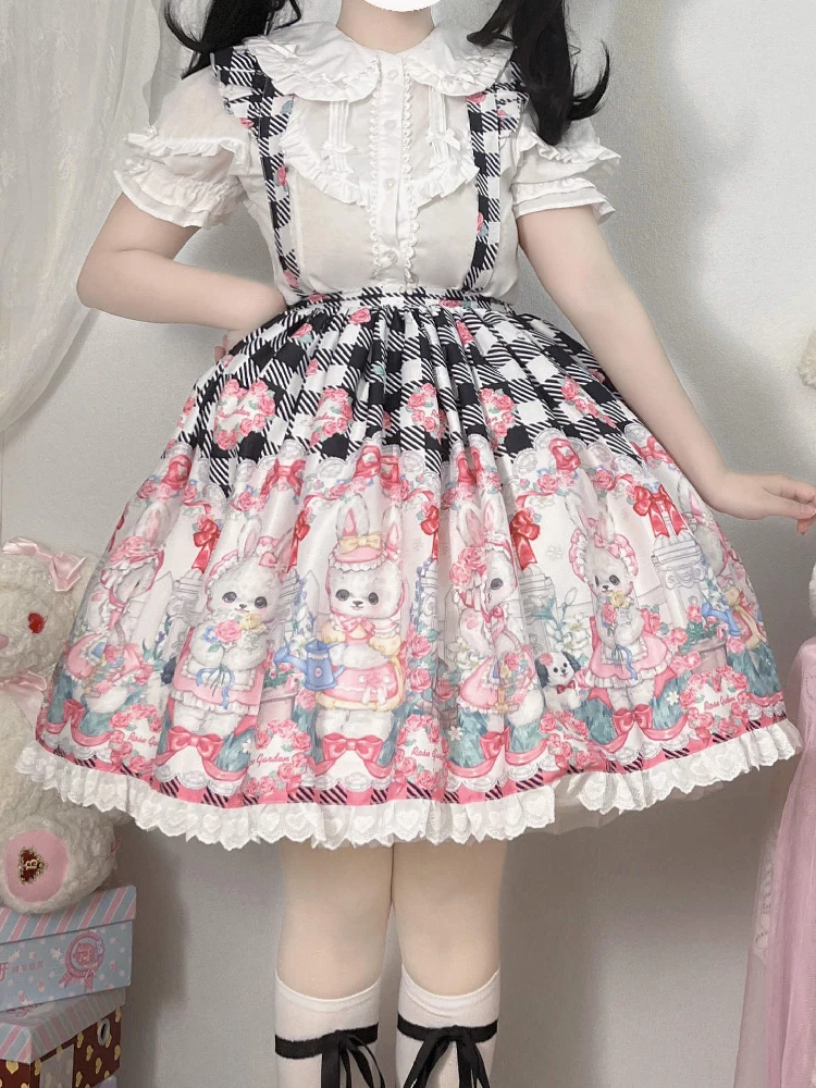 Japanese Kawaii Lolita Style Women Jsk Skirt Summer Plaid Rose Garden Rabbit Cartoon Print Half Skirt Set Carrying Strap Skirts