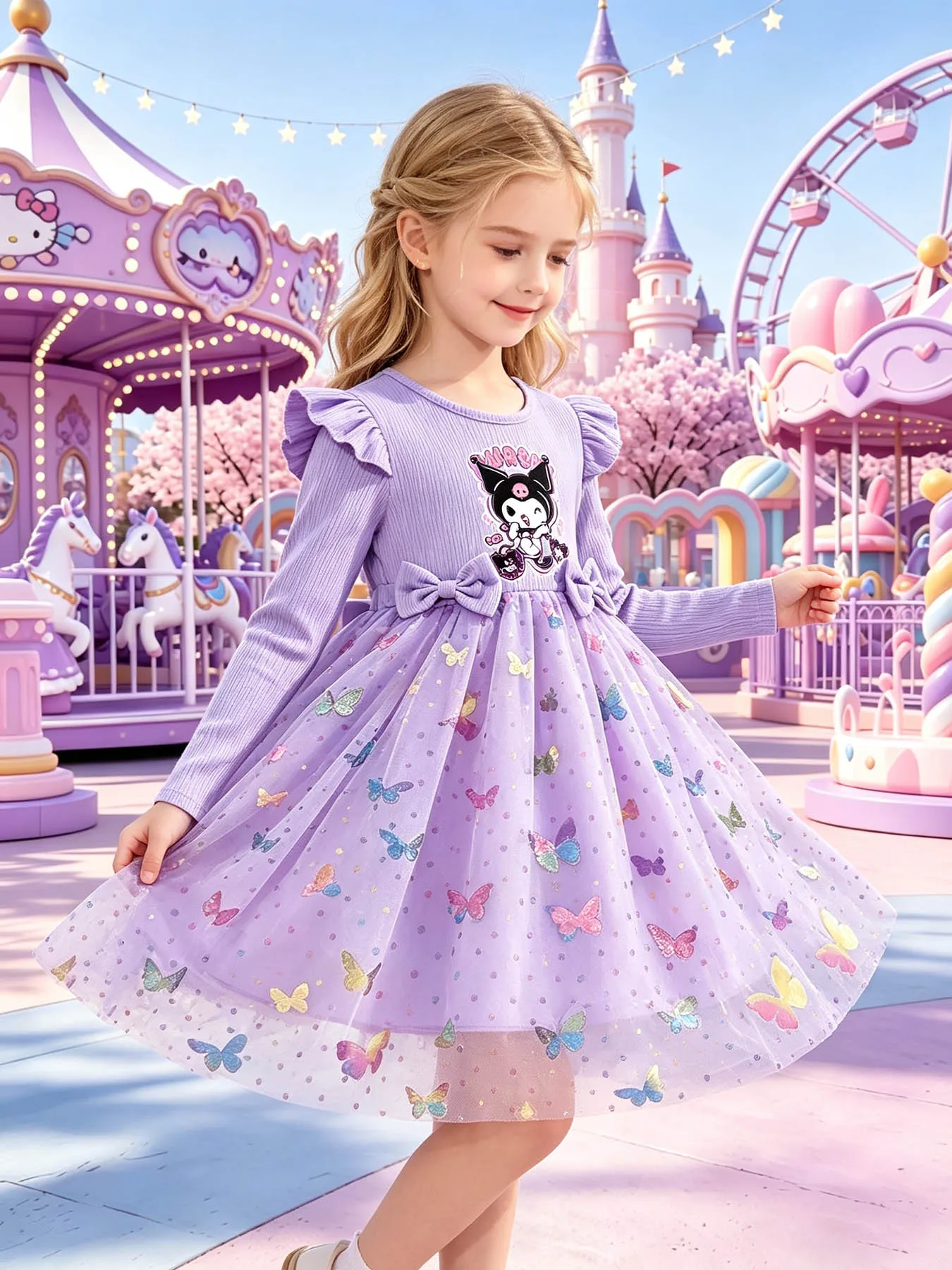 Girls' Autumn Cartoon Dress, Ribbed Long Sleeve with Sequined Butterfly Tulle Skirt, Sweet Kuromi Themed Princess Dress for Girl