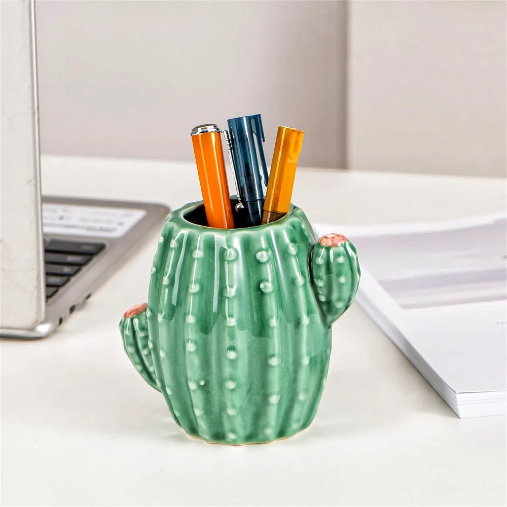 1 PC Cactus Ceramic Pen Holder Stand Cup Pencil Holder Organizer Makeup Brush Holders for Home Office Desk Green White Cactus