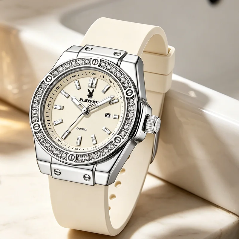 PLAYBOY Woman Elegant Date Quartz Wristwatch Waterproof Luminous Diamond Bezel Watches for Woman Luxury Original Brand Reloj