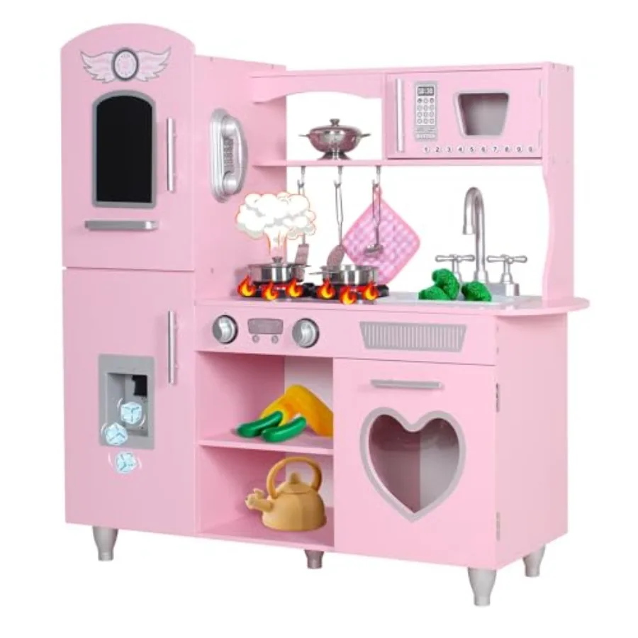 

' wooden play kitchen set with LED lights and sound effects, pink color, for toddler cooking role-play and imaginative play