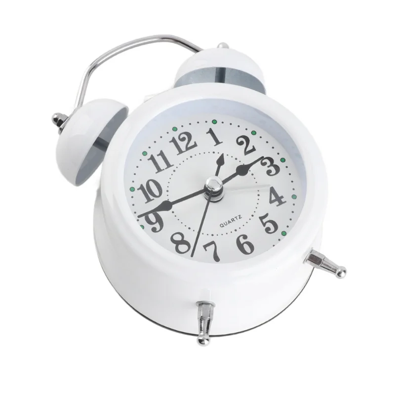 3 Inch Twin Bell Alarm Clock Modern Metal Mechanical Bedside Ringing Alarm Clock Battery Operated Silent Alarm Clock White
