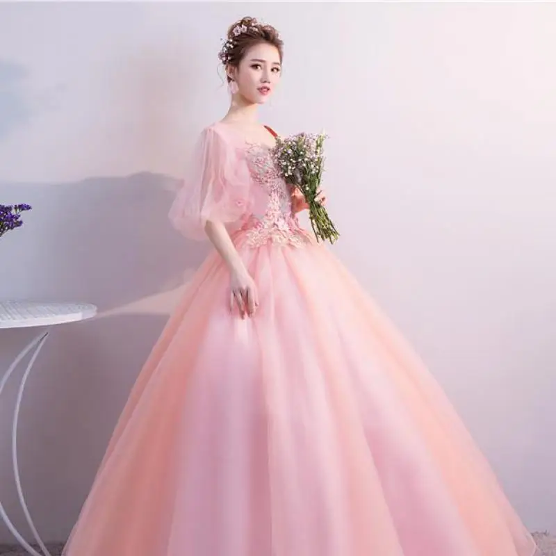 Vestidos De quinceañera Rosa dulce, Vestido elegante con cuello en V, encaje Floral, Vestido De baile De tul con mangas abullonadas, nueva moda