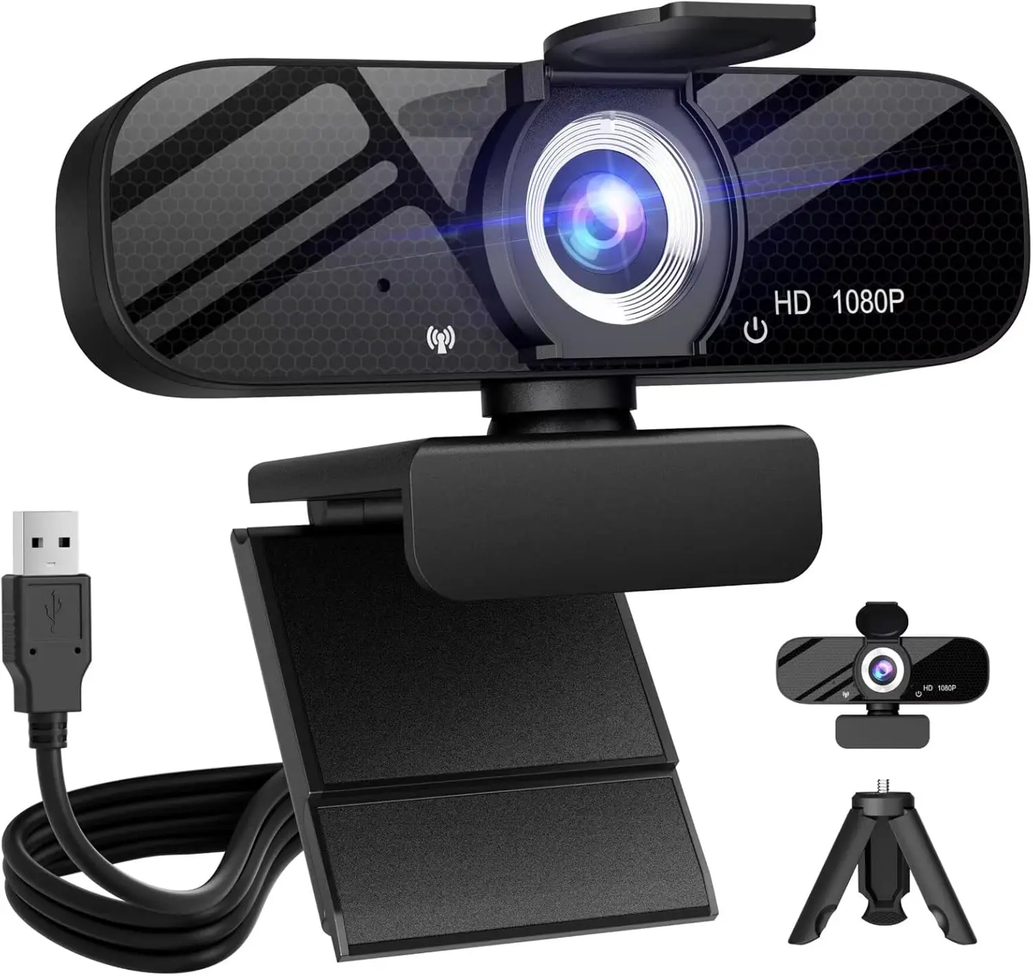 

1080P HD Webcam with Noise-Cancelling Mic, Privacy Cover & Tripod for PC/Laptop Video Calls