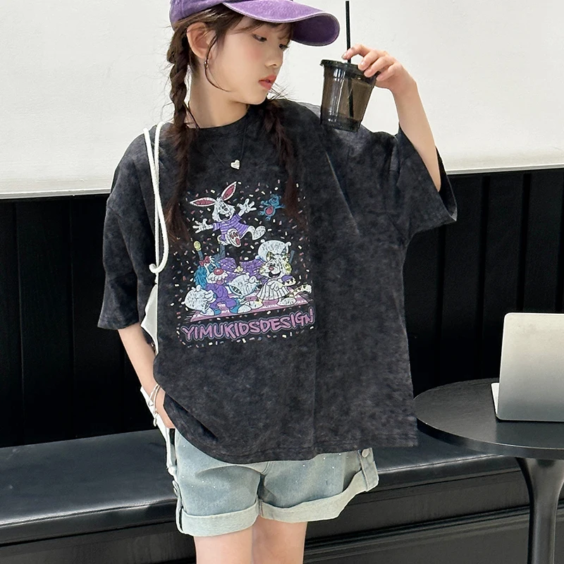 חולצת טריקו לילדות עם חצי שרוולים, אופנתית וטרנדית, משובצת כוכבים, חולצת ילדים של Dailu, בינונית וגדולה, לבנות בחטיבת הביניים