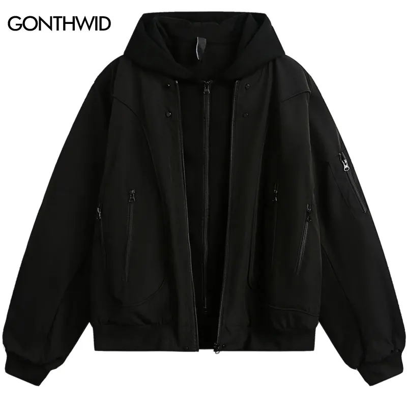 

Vintage Hooded Jacket Y2K Solid Double Layer Zipper Military Tactical Waterproof Bomber Coats Streetwear Hip Hop Baggy Jackets