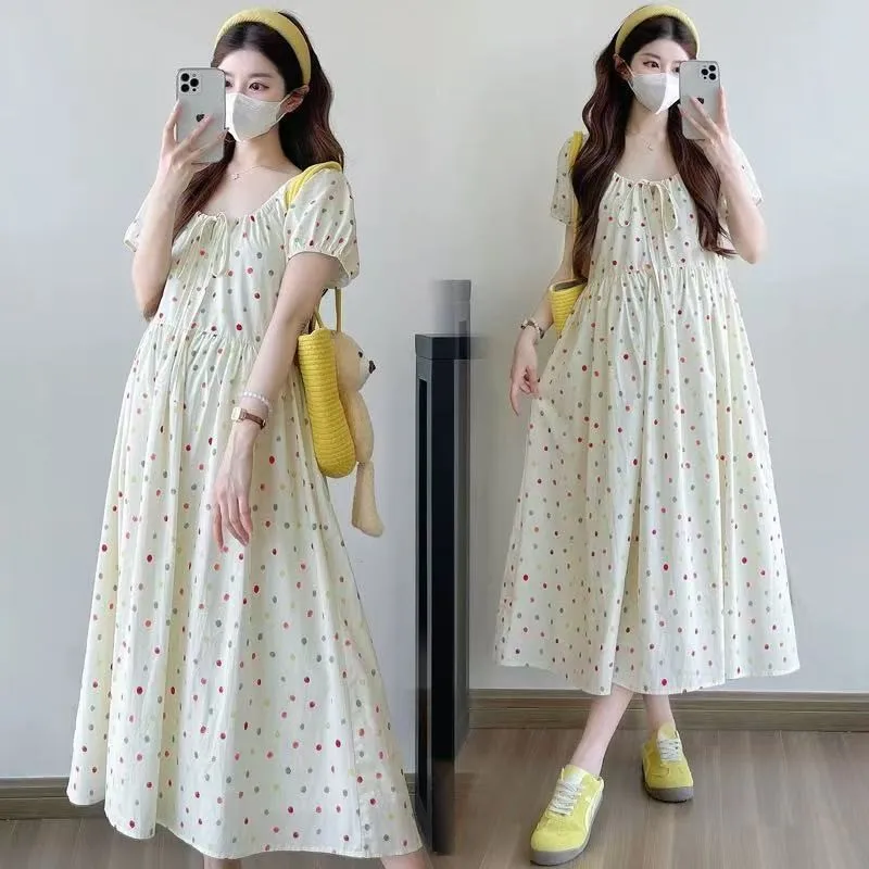 

Новинка 2025, летнее свободное платье для беременных, платье среднего и длинного с принтом для беременных, платье для беременных с короткими рукавами и круглым вырезом,LI114