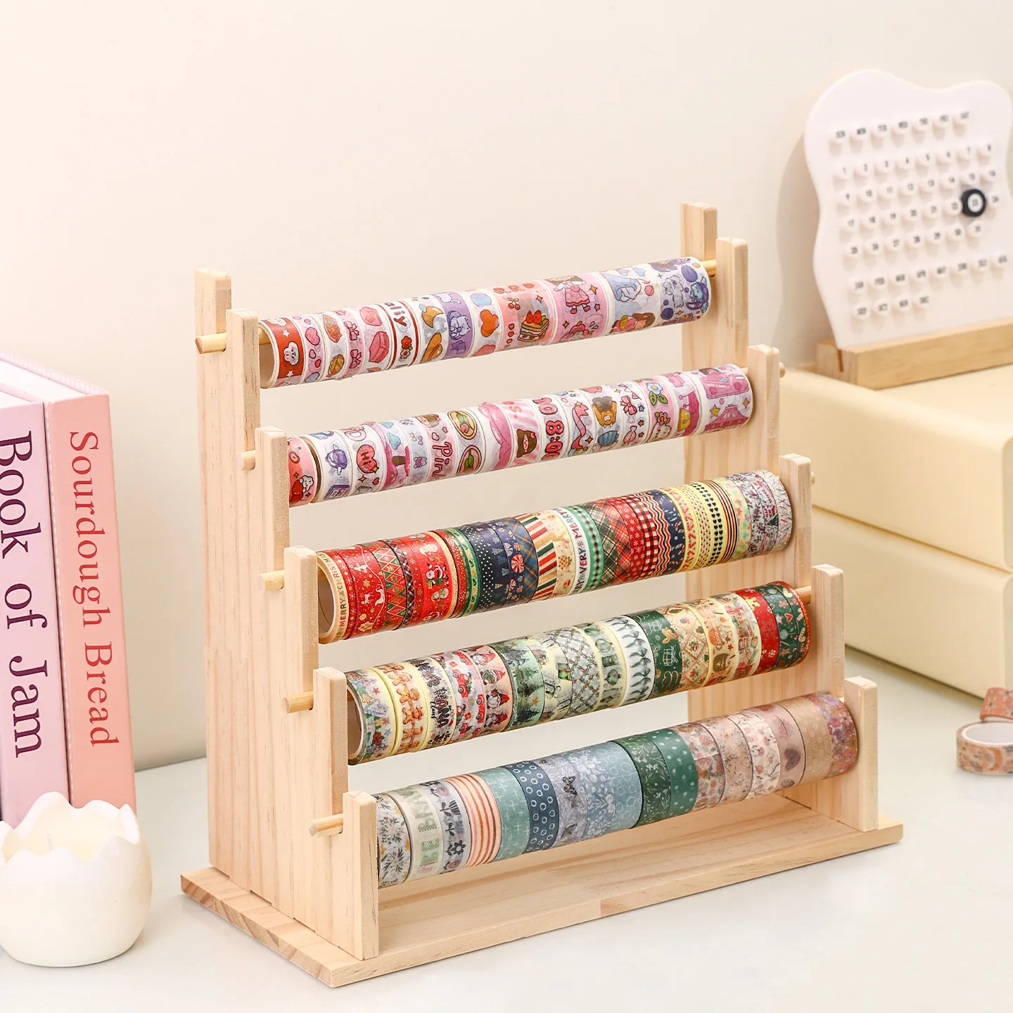1 Stück Multifunktionales Holz-Aufbewahrungsregal für Klebeband und Aufkleber, Geeignet als Halsketten-Organizer für Büro-Schreibtisch-Aufbewahrung und Präsentation – Detail 6