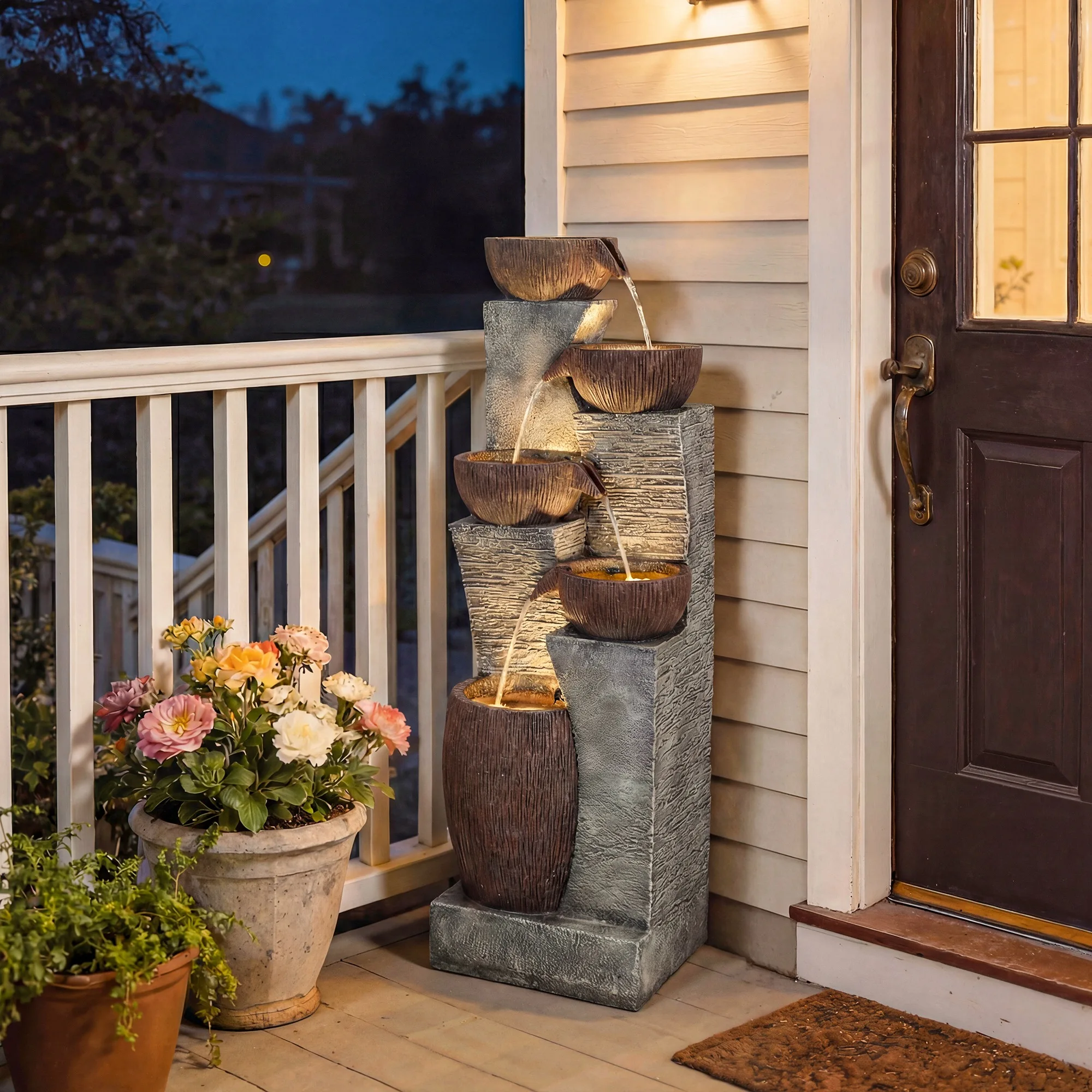 

Outdoor Water Fountain with 5-Tier Crock Design, 51.2" Tall Cascading Waterfall Garden Fountain with LED Lights