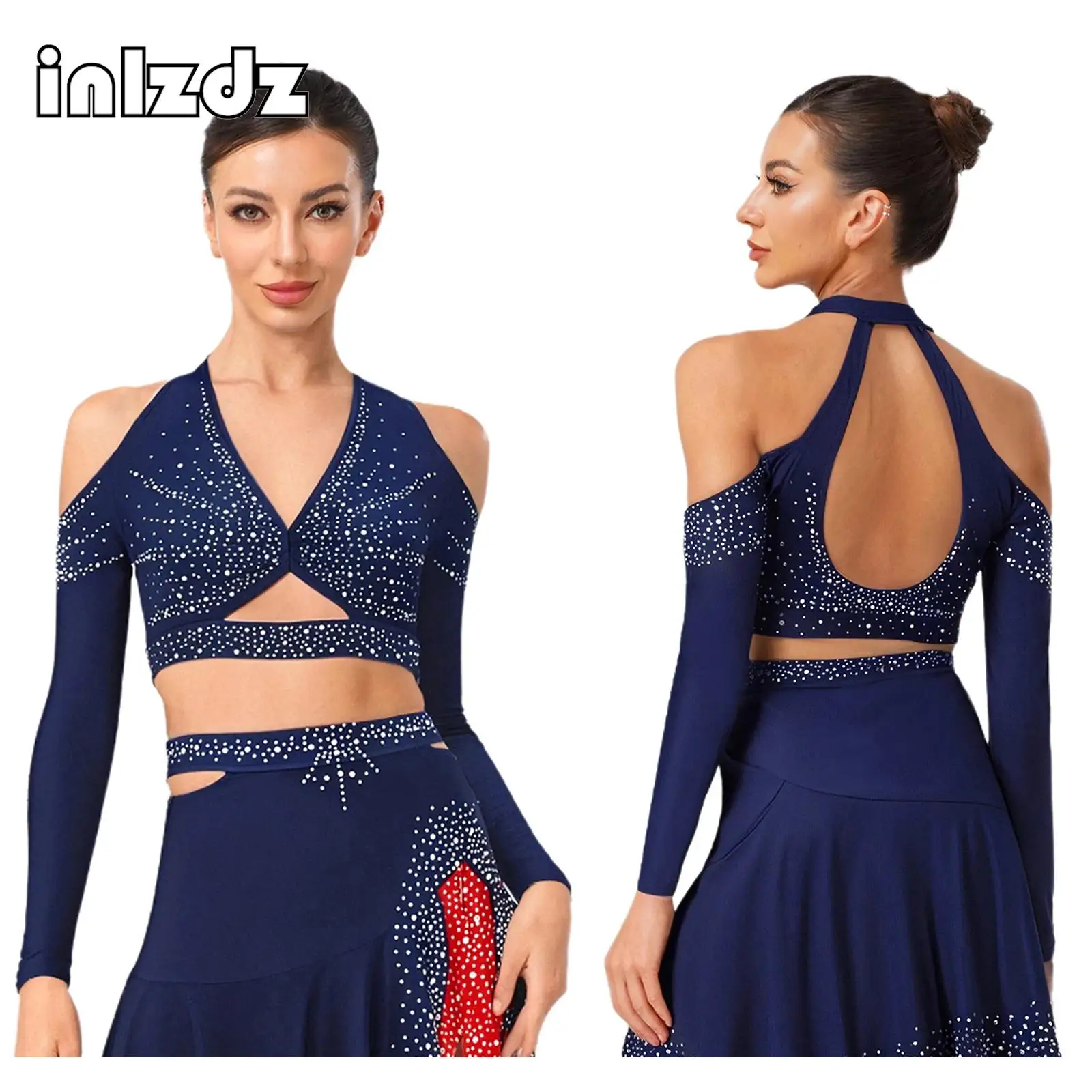 

Womens Jazz Latin Dance Outfit Halter Long Sleeve Deep V-Neck Backless Crop Top Skirts for Dance Shows Performance Competition