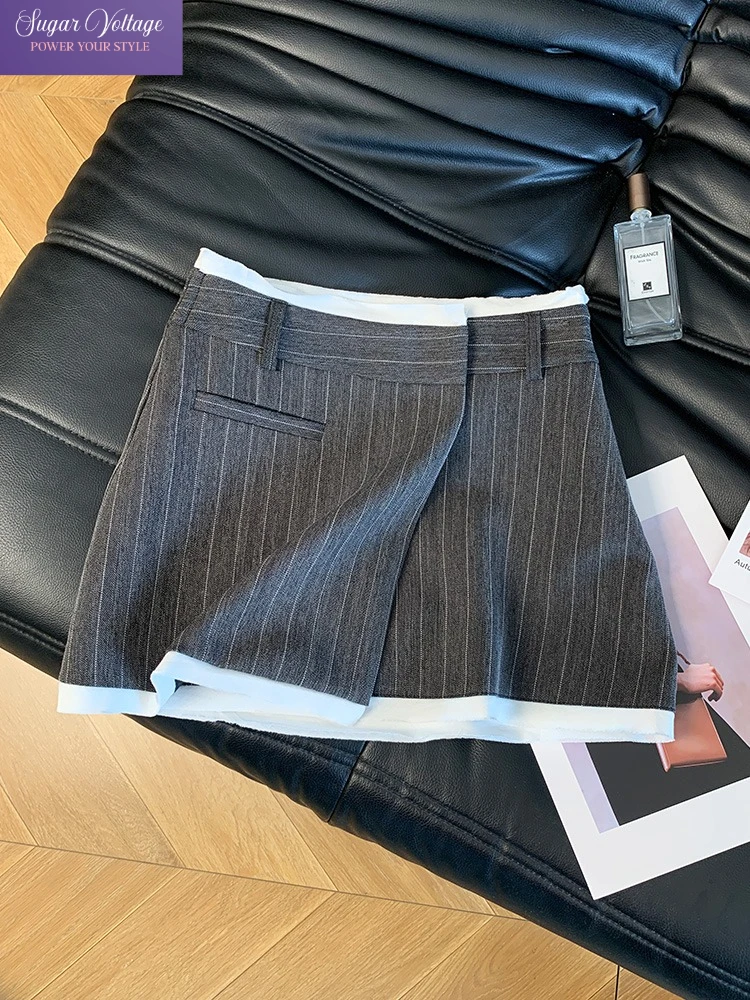 Falda acampanada de cintura alta estilo Preppy Vintage francés para mujer, Falda corta elegante asimétrica con diseño de almazuela de rayas, Falda Coreana Chic