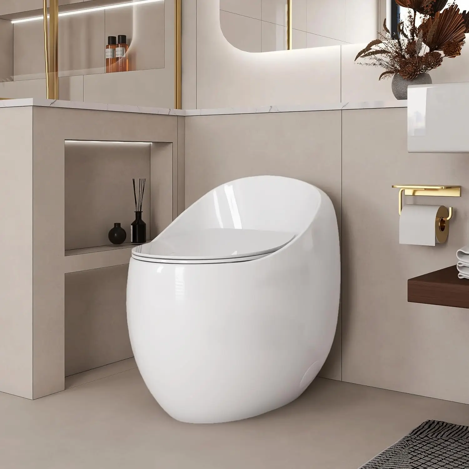 Egg-Design Space-Saving One-Piece Ceramic Toilet Modern Standard with 1.28 GPF Powerful Flush Soft Close Features for Bathrooms