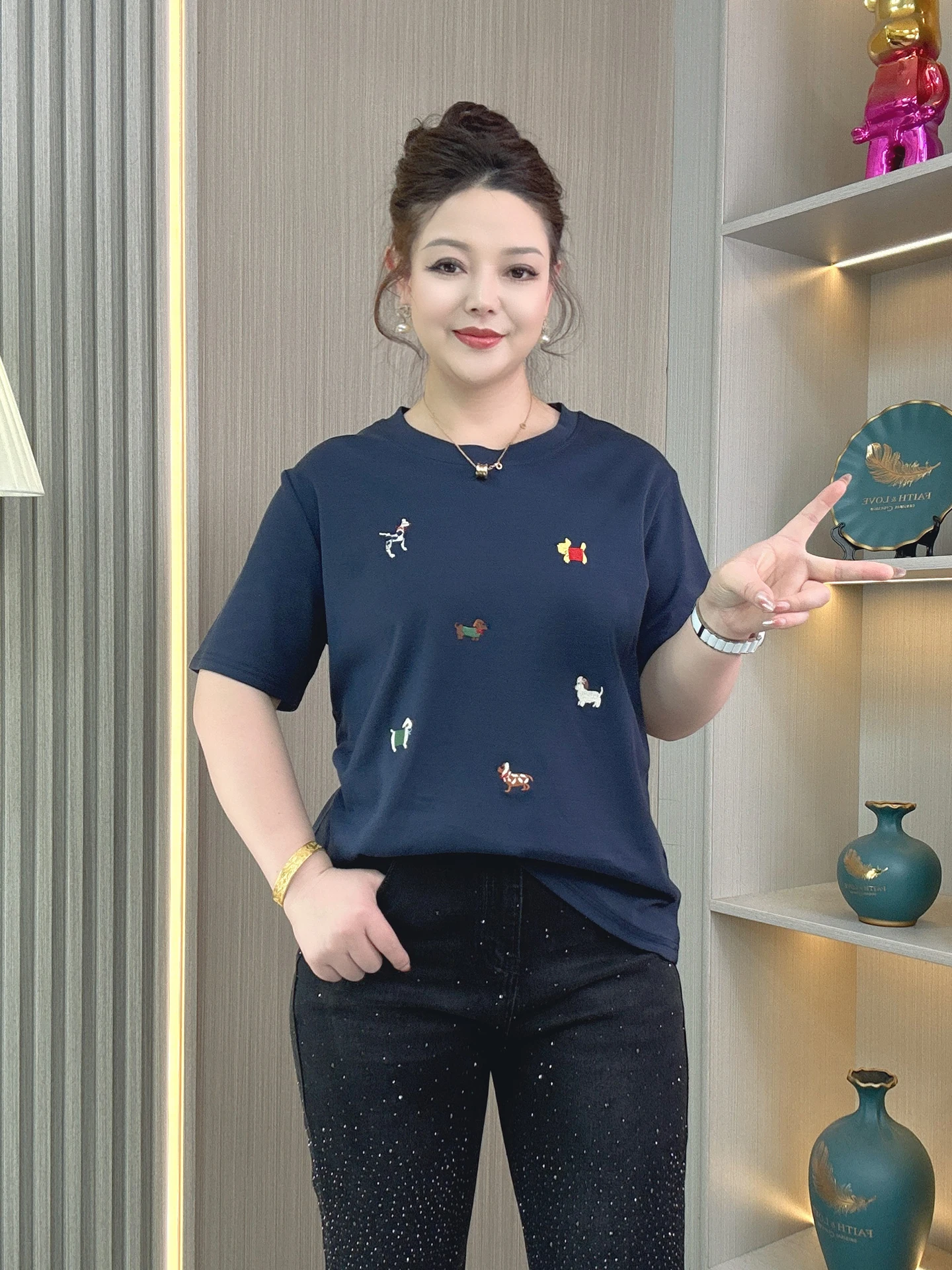 

2026 New Cartoon Embroidery ort Sve Women's T-irt plus Size round Ne Slim Fit Base irt Casual Sle Cotton Blend