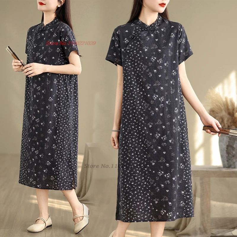 

2025 chinese traditional dress cheongsam improved qipao vintage dress national flower print folk dress retro loose qipao dress