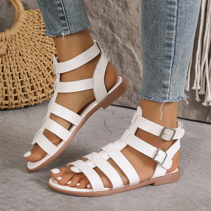 Sandalias romanas ahuecadas para mujer, zapatos de gladiador con punta abierta, cómodos, planos, para vacaciones y playa, a la moda, novedad de verano