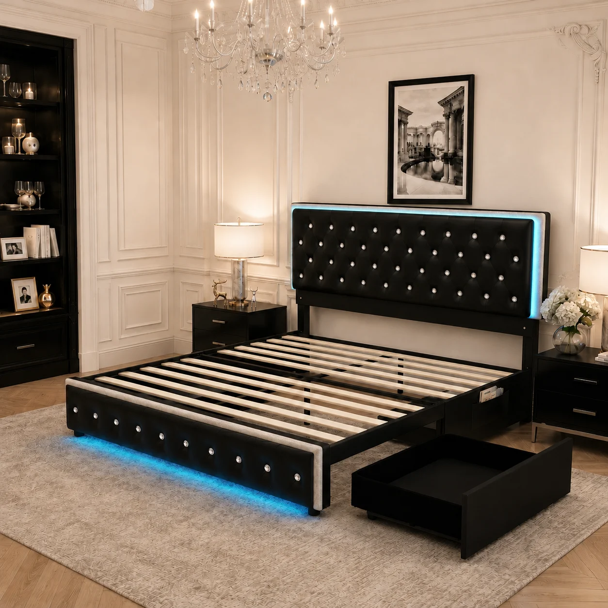 Sibeds Queen Size Bed Frame with LED Lights , King Size with 2 Drawers, Full Bed Crystal Button Tufted Headboard, Solid Slats, Noise Free, No Box Spring Needed, Easy Assembly，PU & Velvet view 7