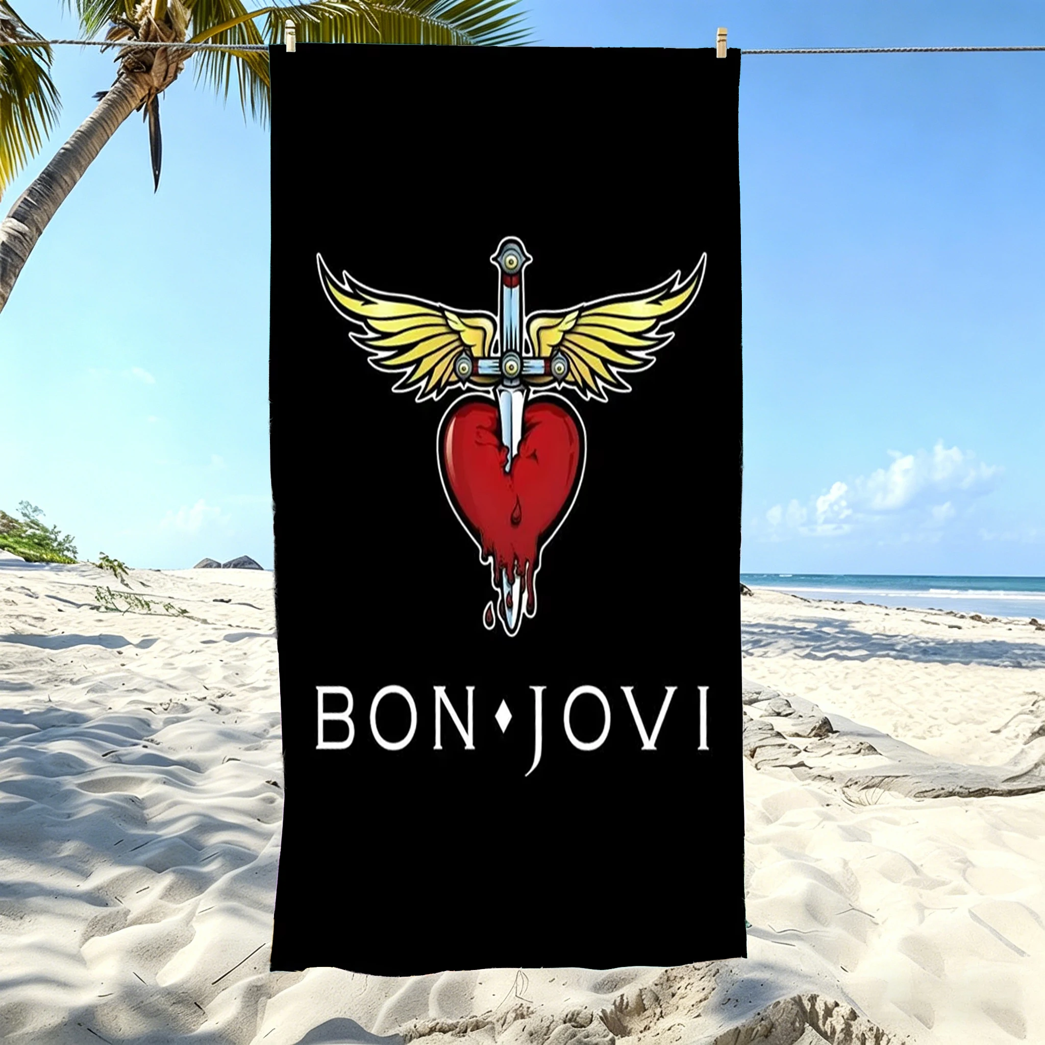 1pc B-Bon Jovi Winged Sword Pierced Bleeding Beach Towel Microfiber Quick Dry Bath Towel For Pool Beach Travel Rock Fans Gift