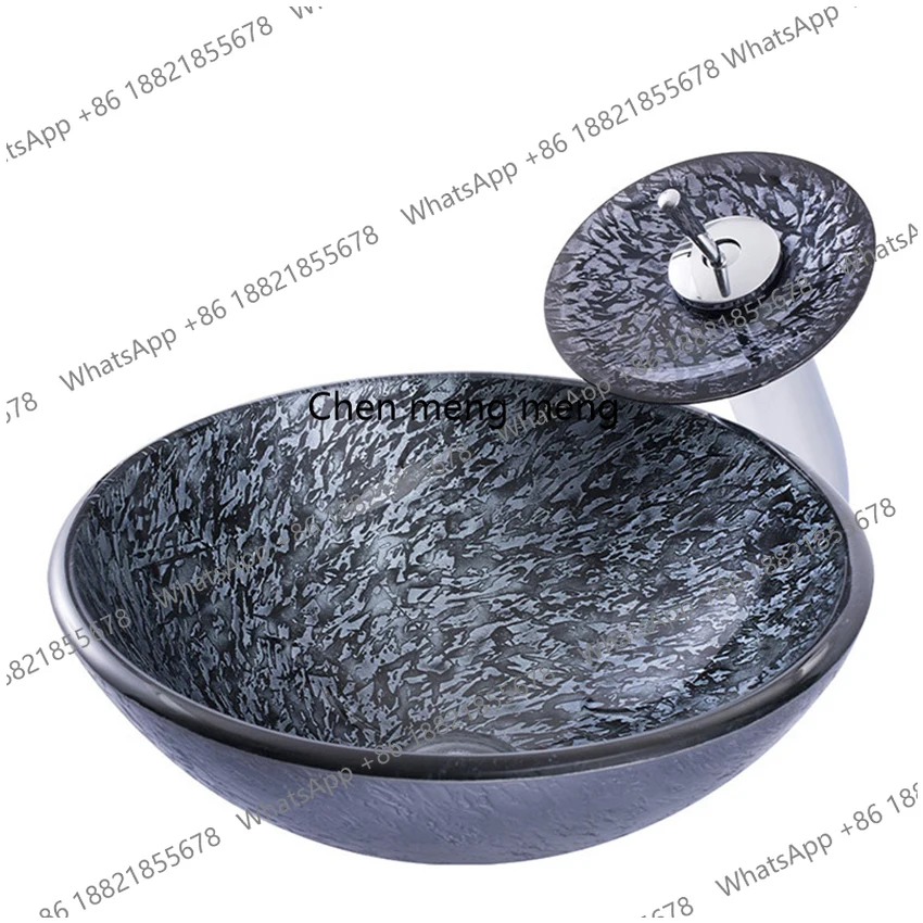 

Household Bathroom tempered glass Washbasin Court retro art basin bathroom washbasin with Brass waterfall faucet