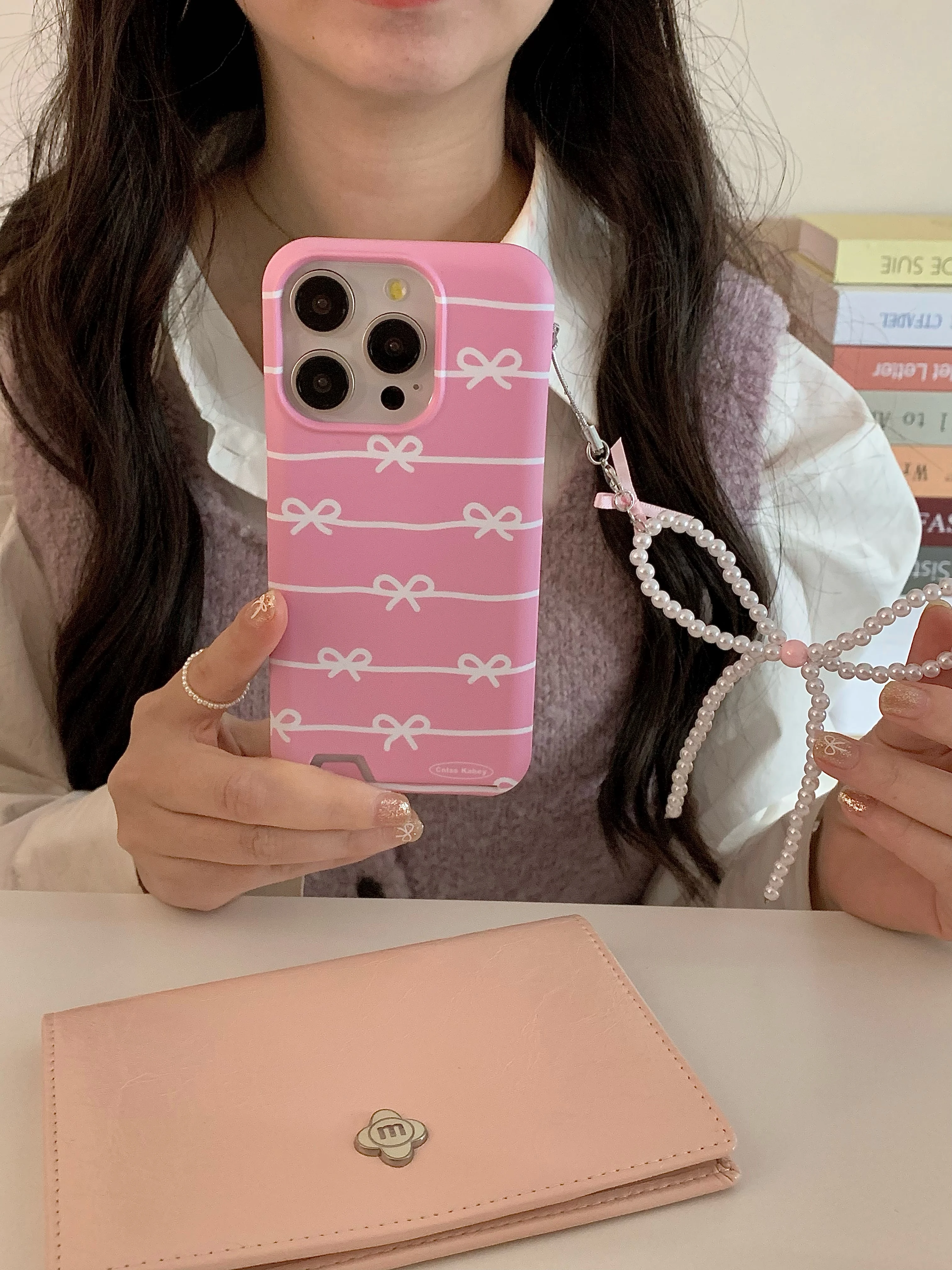 Ins Korean Luxury Cute Line Bow Pearl Pendant Lnsert Card Case for iPhone 11 12 13 14 15 Pro Back Max Cover Stylish Girl Soft