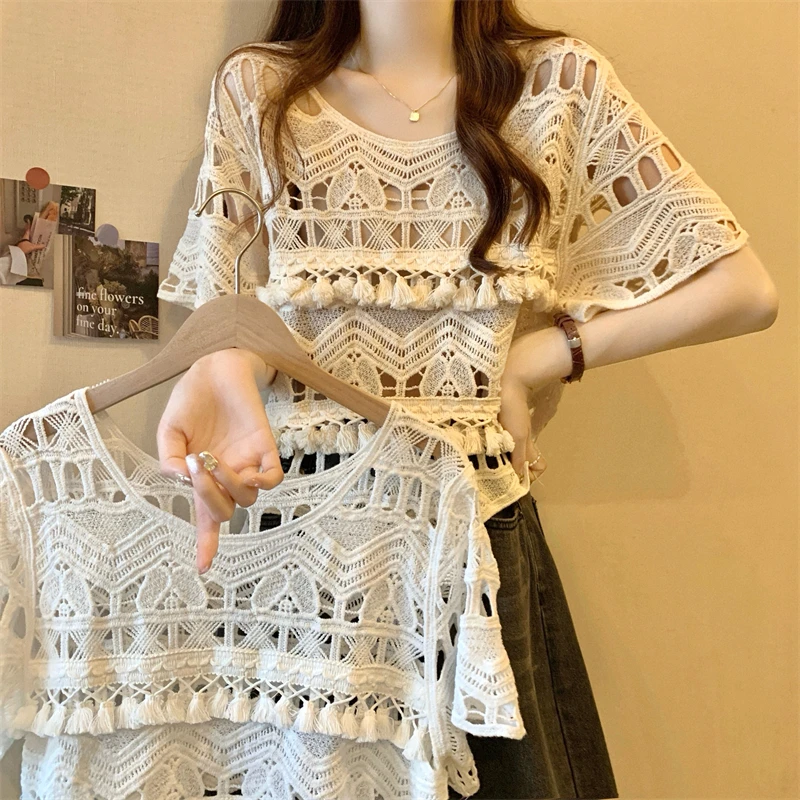 Boring Honey New Summer Design Irregular Short-Sleeved T-Shirt  Crochet Openwork Lace Blouse Women Wear Blouses With Tassels Top