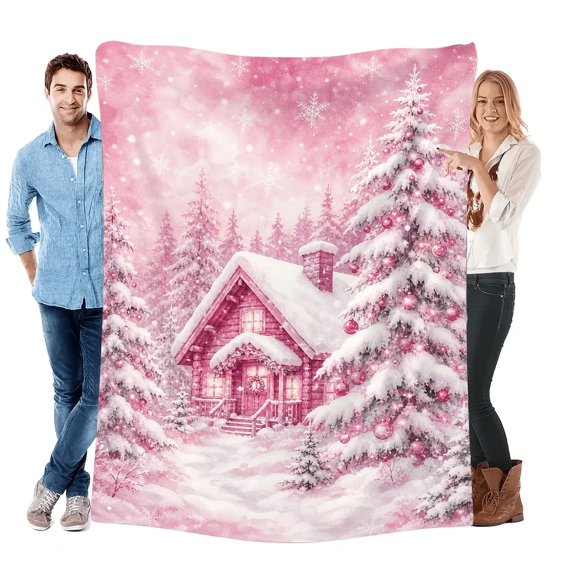 1pc Pink Christmas Snow Cabin Print Flannel Blanket, Ultra-soft and Comfortable with High-quality Long Fibers, Suitable for All