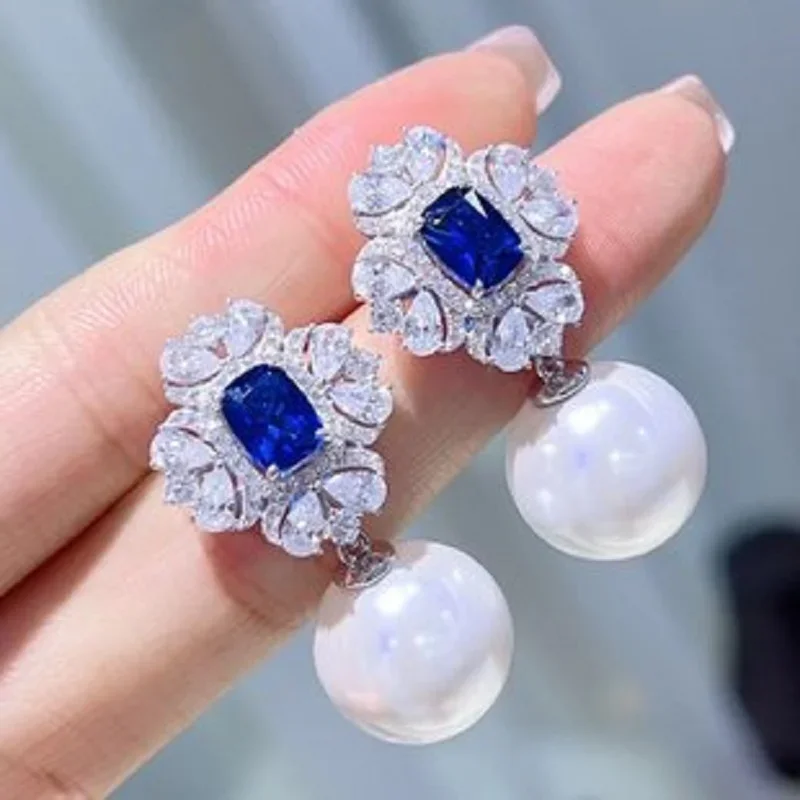 Pirmiana Hot Sale 12mm Shell Pearl Earrings S925 Silver Sapphire Blue Emerald Green Gemstone Jewelry Women