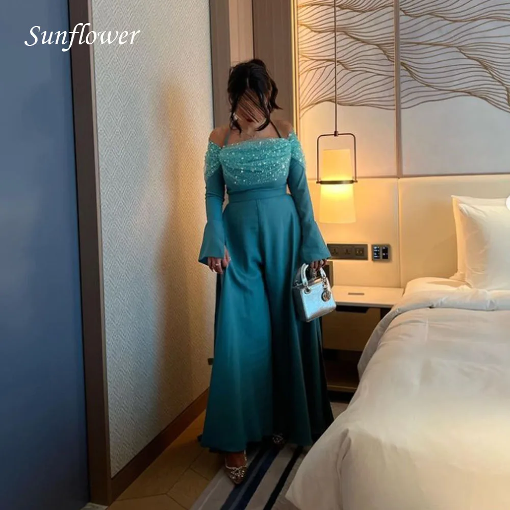 Sunflower Off the Shoulder Formal Evening Dress 2023 Slim Sequined Appliques Cap Sleeves Satin A-LINE High-end Custom Prom Gowns