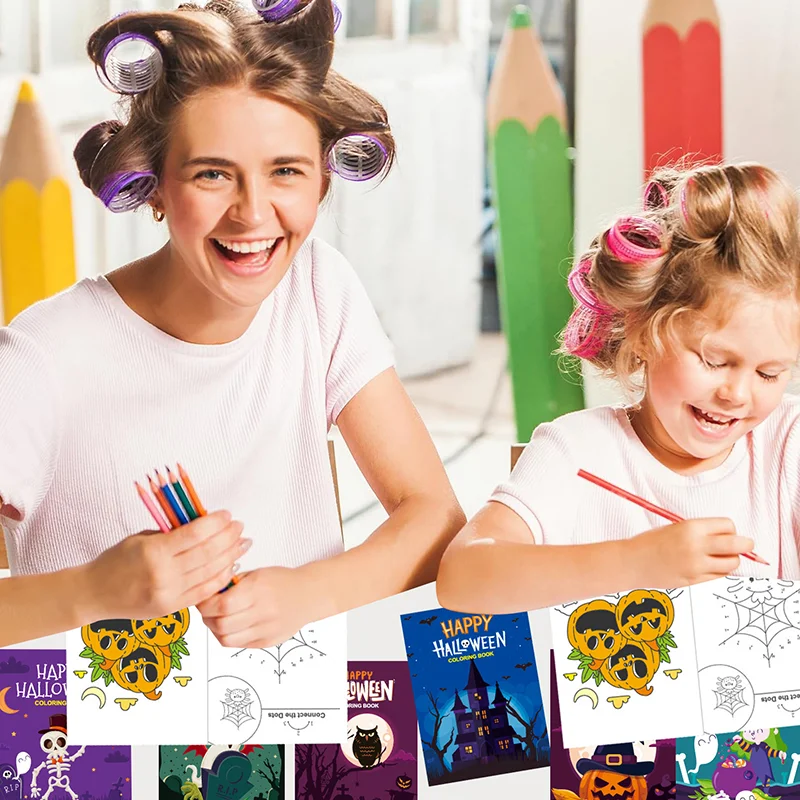 8Pcs/lot Halloween Coloring Book Mini Game Color-in Pages Activity Book With Maze Crossword Puzzle Games Theme Party Favors