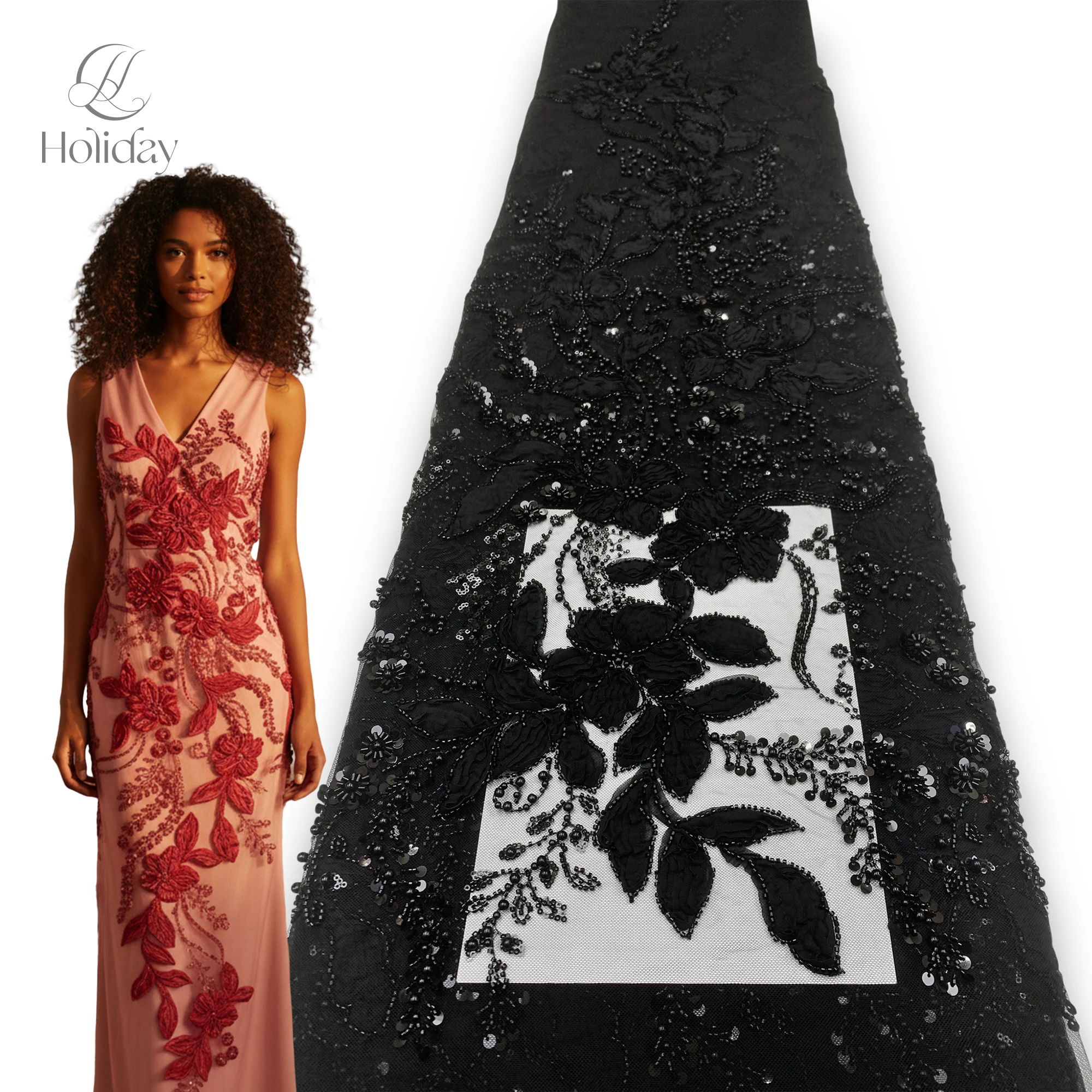 

Luxury 3D Flower Embroidery Lace Fabric, Ribbon Floral Sequins Beaded Tulle Net for Evening Gown Wedding Dress sewing supplies