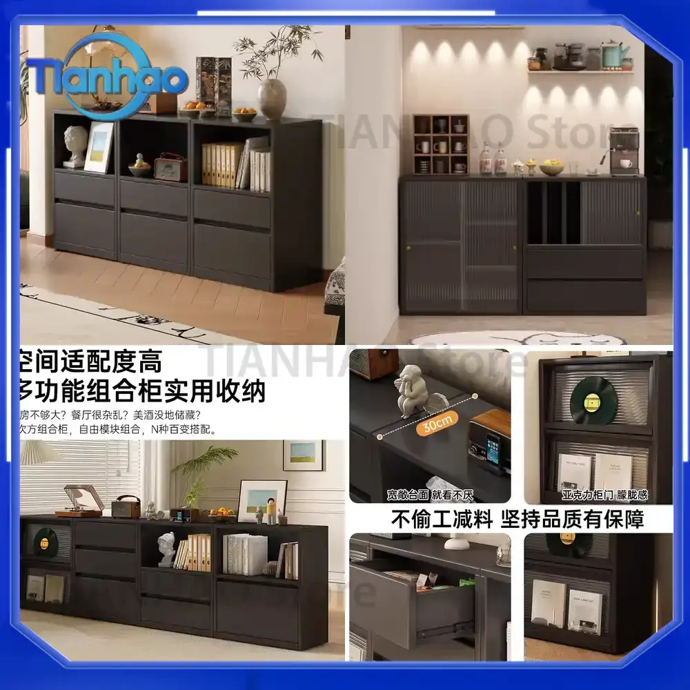 Bookshelf Storage Cabinet Low Cabinet Floor Standing Solid Wood Wall Mounted Living Room Retro Display Shelf Drawer Storage