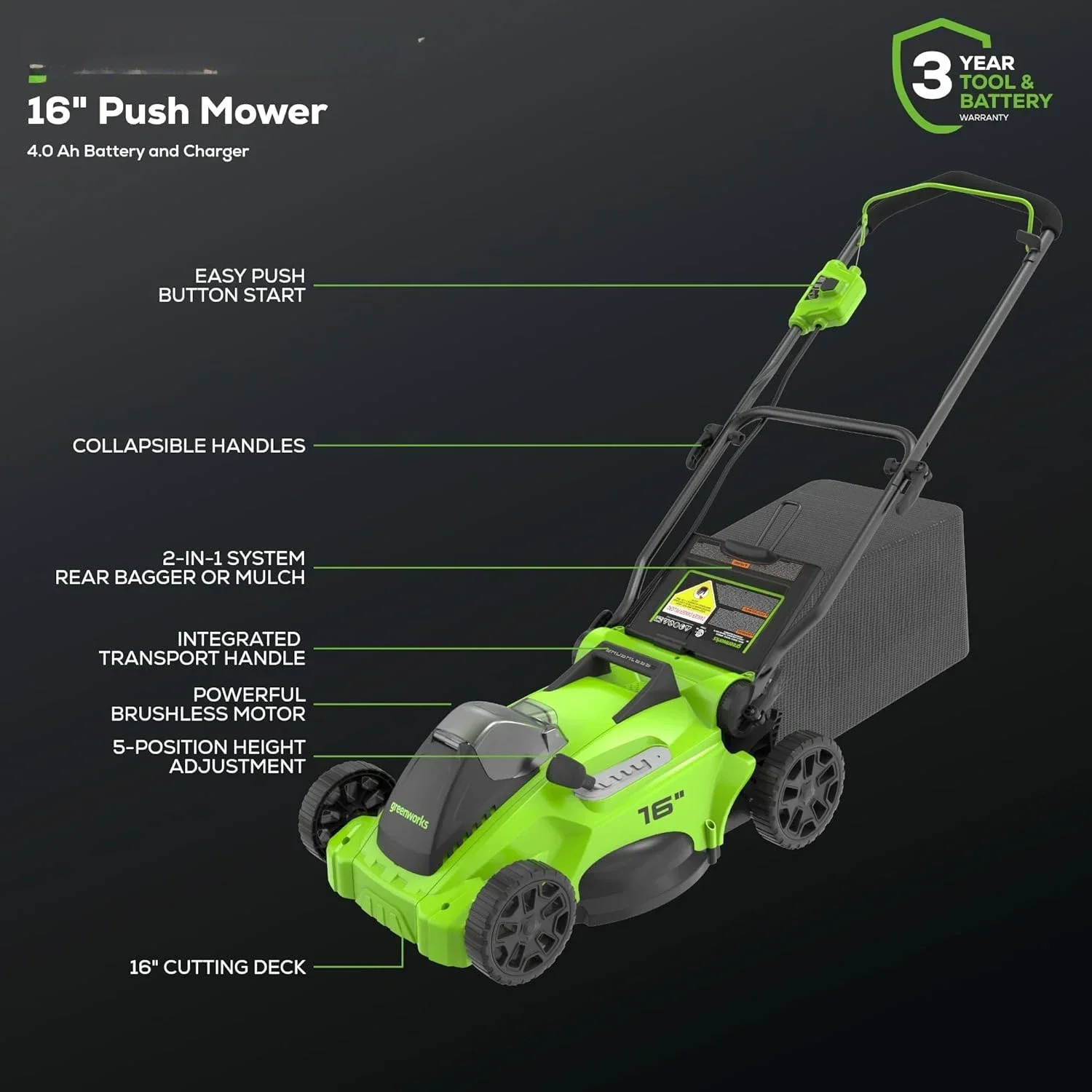 

40V 16" Brushless Cordless (Push) Lawn Mower + Blower (350 CFM), 4.0Ah Battery and Charger Included (75+ Compatible Tools)