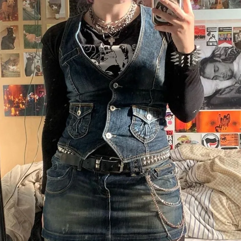 Y2K Denim Vest fairy grunge Sleeveless denim jacket Corset Top Buttons V Neck Vintage Streetwear Women Aesthetic Tanks Top 2023