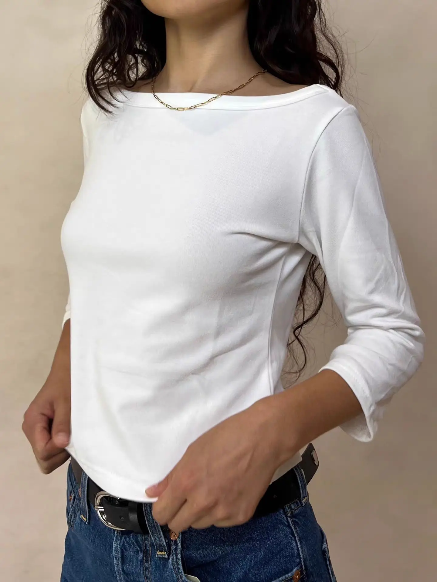 Solide Grund Hülse Mit Drei Vierteln T-shirts Frau Herbst Slash Neck Baumwolle Schlank Crop Top Weibliche Casual Einfach Alle-spiel t-shirts – Detail 9
