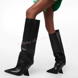 Strange Style Leather Boots Pointy Toe Solid Slip On Knee High Boots New Style Women Shoes Winter Autumn Sexy Runway Fashion