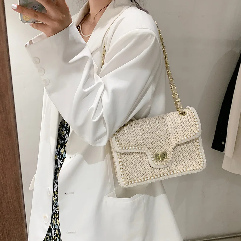 Women\'s Bag Chain Straw Summer 2021 New Fashion Pearl Hand-Woven Straw Shoulder Bags Beach Small Square Female Crossbody Handbag