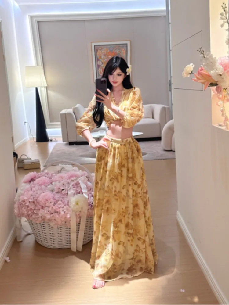

Summer New Pure Desire V-neck Cross Tie-dye Chiffon Top Women's High Waist Floral Long Skirt Two-piece Set French Style Breat...